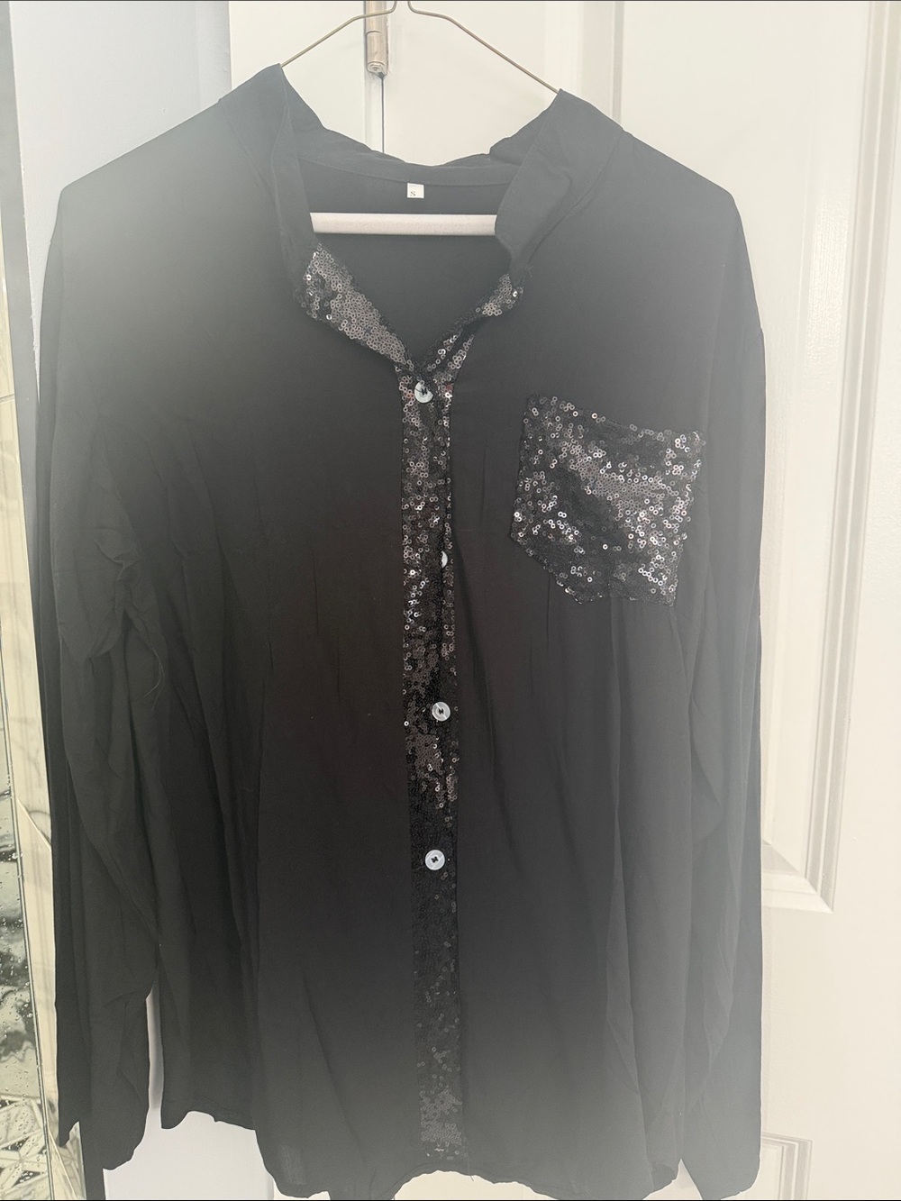 Black Sequin-Trim Button-Up Blouse
